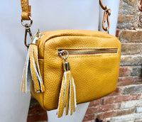 Small leather yellow bag. GENUINE leather shoulder or cross body bag. Mustard yellow leather purse with tassels, adjustable strap and zipper