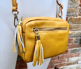 Small leather yellow bag. GENUINE leather shoulder or cross body bag. Mustard yellow leather purse with tassels, adjustable strap and zipper