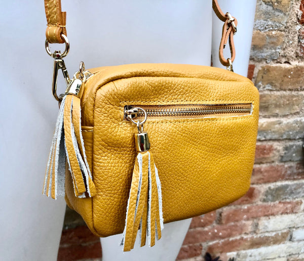 Small leather yellow bag. GENUINE leather shoulder or cross body bag. Mustard yellow leather purse with tassels, adjustable strap and zipper