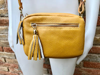 Small leather yellow bag. GENUINE leather shoulder or cross body bag. Mustard yellow leather purse with tassels, adjustable strap and zipper