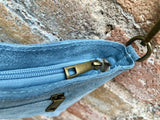 Cross body bag. Boho suede leather bag in DENIM blue with bronze color tacks. Messenger bag in genuine suede leather. BLUE crossbody bag