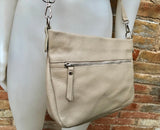 Beige leather bag. Soft genuine leather messenger bag with tassel. Beige crossbody bag,. Beige purse with zipper and adjustable strap