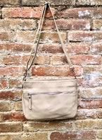 Beige leather bag. Soft genuine leather messenger bag with tassel. Beige crossbody bag,. Beige purse with zipper and adjustable strap