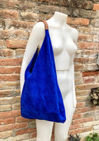 Slouch leather bag in cobalt blue suede. Genuine leather shoulder bag. Origami shopper bag + camel brown leather accent. Royal blue purse