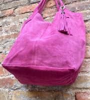 Fuchsia pink leather shopper bag in genuine suede. Slouchy pink carry all tote bag for laptops, tablets, books. Hot pink leather purse