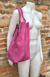 Fuchsia pink leather shopper bag in genuine suede. Slouchy pink carry all tote bag for laptops, tablets, books. Hot pink leather purse