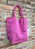 Fuchsia pink leather shopper bag in genuine suede. Slouchy pink carry all tote bag for laptops, tablets, books. Hot pink leather purse