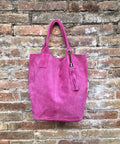 Fuchsia pink leather shopper bag in genuine suede. Slouchy pink carry all tote bag for laptops, tablets, books. Hot pink leather purse