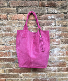 Fuchsia pink leather shopper bag in genuine suede. Slouchy pink carry all tote bag for laptops, tablets, books. Hot pink leather purse