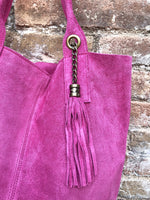 Fuchsia pink leather shopper bag in genuine suede. Slouchy pink carry all tote bag for laptops, tablets, books. Hot pink leather purse