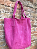 Fuchsia pink leather shopper bag in genuine suede. Slouchy pink carry all tote bag for laptops, tablets, books. Hot pink leather purse