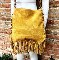 Yellow crossbody / shoulder bag. Mustard color boho suede leather bag with FRINGES. Genuine leather messenger with 2 straps. Yellow purse