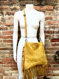 Yellow crossbody / shoulder bag. Mustard color boho suede leather bag with FRINGES. Genuine leather messenger with 2 straps. Yellow purse