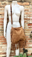 Brown crossbody / shoulder bag. Saddle brown boho suede leather bag with FRINGES. Genuine leather messenger with 2 straps. Brown suede purse