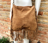 Brown crossbody / shoulder bag. Saddle brown boho suede leather bag with FRINGES. Genuine leather messenger with 2 straps. Brown suede purse