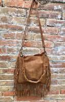 Brown crossbody / shoulder bag. Saddle brown boho suede leather bag with FRINGES. Genuine leather messenger with 2 straps. Brown suede purse