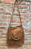 Brown crossbody / shoulder bag. Saddle brown boho suede leather bag with FRINGES. Genuine leather messenger with 2 straps. Brown suede purse