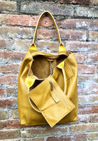 Tote leather bag in yellow. Genuine leather shopper. Large carry all bag for your laptop, books. Mustard yellow leather shoulder bag