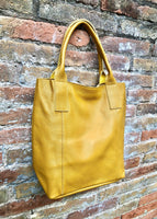 Tote leather bag in yellow. Genuine leather shopper. Large carry all bag for your laptop, books. Mustard yellow leather shoulder bag