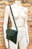 Suede leather bag in DARK GREEN. Crossbody bag in GENUINE leather.Green small leather bag with adjustable strap and zipper.