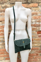 Suede leather bag in DARK GREEN. Crossbody bag in GENUINE leather.Green small leather bag with adjustable strap and zipper.