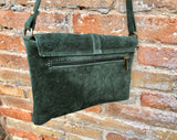 Suede leather bag in DARK GREEN. Crossbody bag in GENUINE leather.Green small leather bag with adjustable strap and zipper.