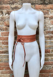 ORANGE - BROWN belt wrap belt in soft genuine leather. Waist belt in rusty brown. Light terracotta wraparound wide belt.