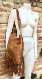 Brown crossbody / shoulder bag. Saddle brown boho suede leather bag with FRINGES. Genuine leather messenger with 2 straps. Brown suede purse