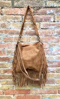 Brown crossbody / shoulder bag. Saddle brown boho suede leather bag with FRINGES. Genuine leather messenger with 2 straps. Brown suede purse