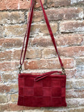 Burgundy suede leather bag . Genuine leather cross body / shoulder bag. Small wine red leather bag + adjustable strap and zipper. Red purse