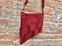 Burgundy suede leather bag . Genuine leather cross body / shoulder bag. Small wine red leather bag + adjustable strap and zipper. Red purse