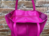 Tote leather bag in hot PINK. Leather shopper bag in soft natural GENUINE leather. Large fuchsia color carry all bag. Fuchsia pink purse