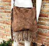 Brown crossbody / shoulder bag. Taupe brown boho suede leather bag with FRINGES. Genuine leather messenger with 2 straps. Brown suede purse