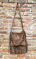 Brown crossbody / shoulder bag. Taupe brown boho suede leather bag with FRINGES. Genuine leather messenger with 2 straps. Brown suede purse