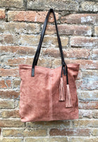 TOTE leather bag in orange - brown. Genuine soft natural suede. Terracotta large SHOPPER leather bag. Laptop bag in dark orange suede.