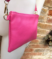 Small leather bag in Fuchsia pink. Cross body, shoulder bag or wristlet in GENUINE leather. Pink purse with adjustable strap. Soft leather.