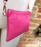 Small leather bag in Fuchsia pink. Cross body, shoulder bag or wristlet in GENUINE leather. Pink purse with adjustable strap. Soft leather.