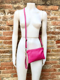 Small leather bag in Fuchsia pink. Cross body, shoulder bag or wristlet in GENUINE leather. Pink purse with adjustable strap. Soft leather.