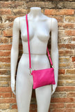 Small leather bag in Fuchsia pink. Cross body, shoulder bag or wristlet in GENUINE leather. Pink purse with adjustable strap. Soft leather.