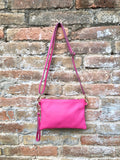 Small leather bag in Fuchsia pink. Cross body, shoulder bag or wristlet in GENUINE leather. Pink purse with adjustable strap. Soft leather.