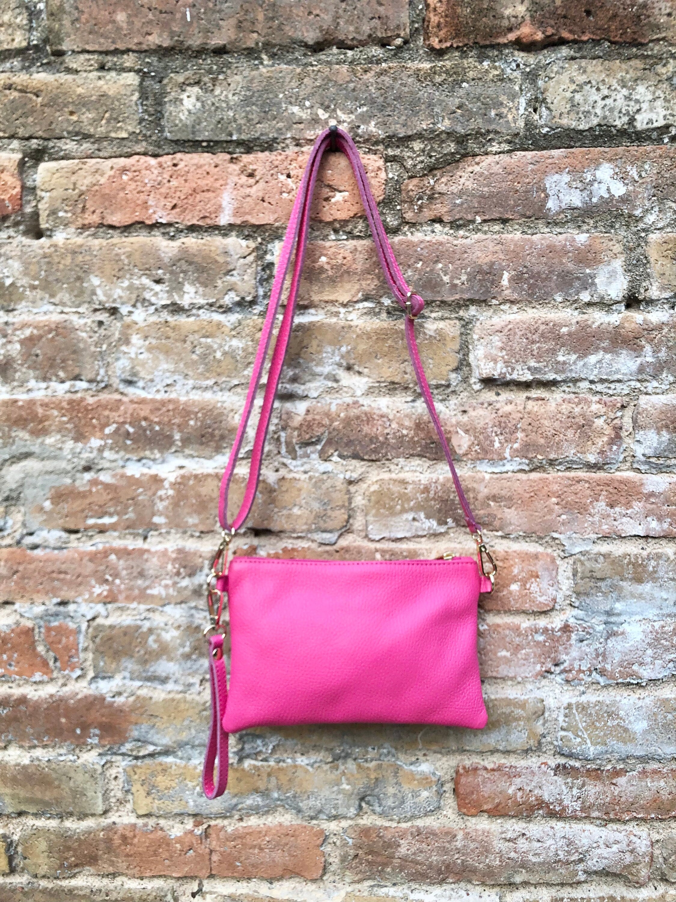 Small leather bag in Fuchsia pink. Cross body, shoulder bag or wristlet in GENUINE leather. Pink purse with adjustable strap. Soft leather.