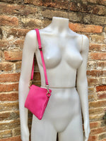 Small leather bag in Fuchsia pink. Cross body, shoulder bag or wristlet in GENUINE leather. Pink purse with adjustable strap. Soft leather.