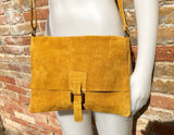 Crossbody suede leather bag in MUSTARD YELLOW. Soft genuine suede leather bag. Crossover, messenger bag in suede. Boho bag for tablet.