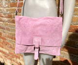 Suede bag in light PURPLE - PINK. Genuine leather shoulder / messenger bag. Mauve suede purse. Lilac suede crossbody. Flap + zipper