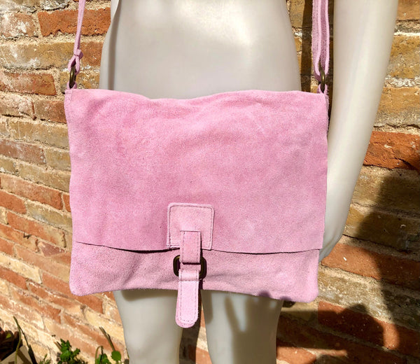 Suede bag in light PURPLE - PINK. Genuine leather shoulder / messenger bag. Mauve suede purse. Lilac suede crossbody. Flap + zipper