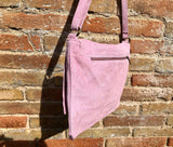 Suede bag in light PURPLE - PINK. Genuine leather shoulder / messenger bag. Mauve suede purse. Lilac suede crossbody. Flap + zipper