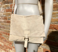 Suede bag in light beige. Genuine leather shoulder / messenger bag. Cream color suede purse. Broken white suede crossbody. Flap + zipper