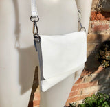 Small leather bag in WHITE. Cross body / shoulder bag in GENUINE leather. White leather purse with adjustable strap, zipper and flap. Lined