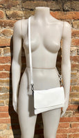 Small leather bag in WHITE. Cross body / shoulder bag in GENUINE leather. White leather purse with adjustable strap, zipper and flap. Lined