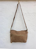 BOHO suede leather bag in TAUPE. Soft natural leather bag with tassels, crossbody bag with adjustable straps. Boho, festival or casual bag